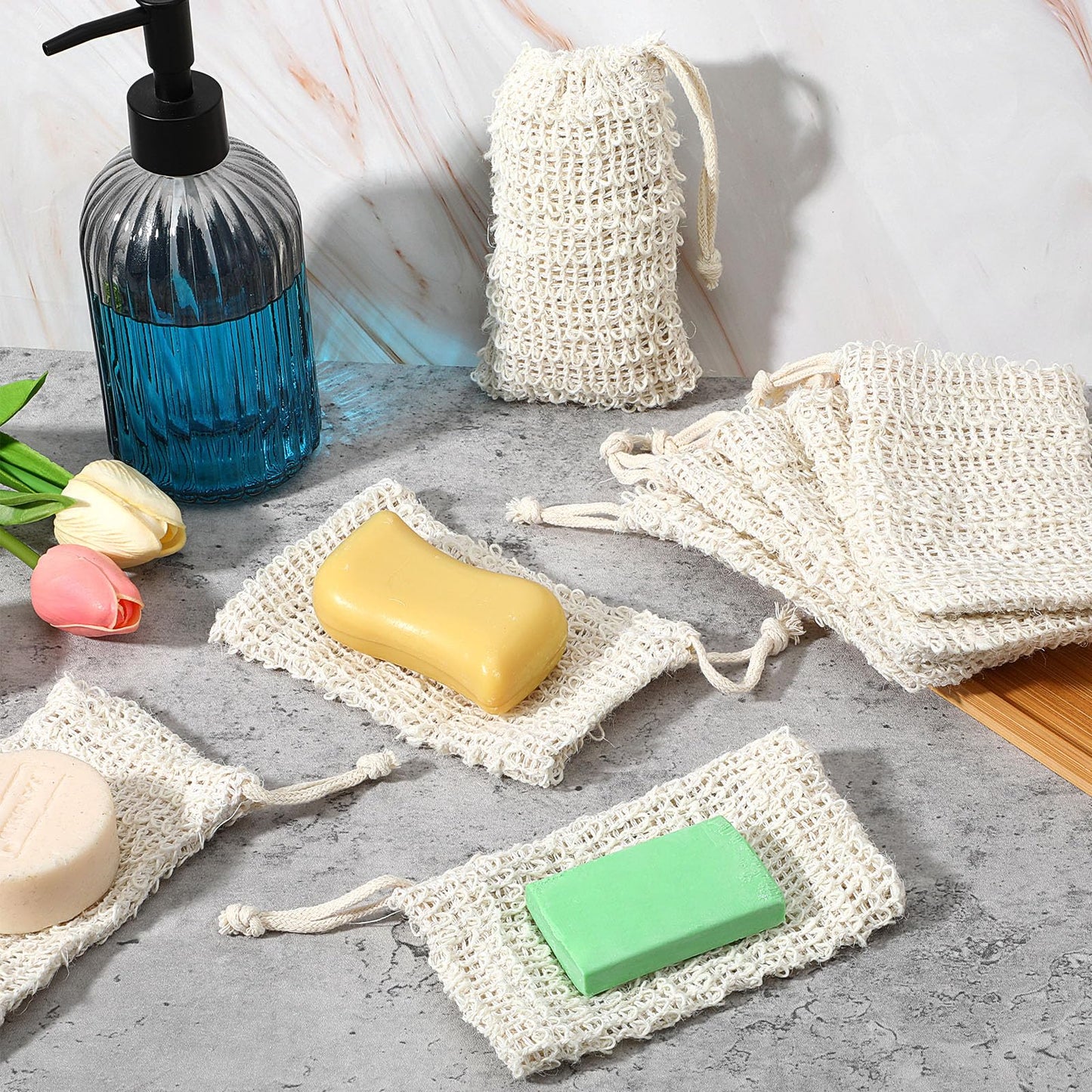 SHENLIU 50 Pack Soap Bags with Drawstring, Mesh Exfoliating Soap Saver Bag Sisal Soaps Pouch Bar Foaming and Drying Exfoliating Net for Bath Shower Massaging Scrubbing (5.3 × 3.7inch)