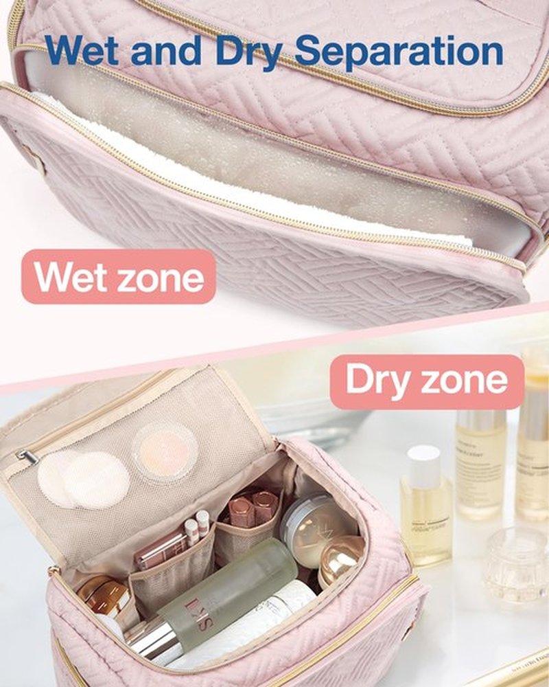 BAGSMART Travel Toiletry Bag, Large Wide-open Makeup Cosmetic Travel Bag for Toiletries with Handle, Pink-L