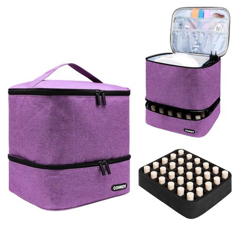 Covkev Nail Polish Organizer Bag Holds 30 Bottles (15ml-0.5 fl.oz)& Nail Lamp, Double Layer Nail Kit Storage Carrying Case, Portable Travel Nail Supplies Organizer Bag with Handle (Graceful Purple)