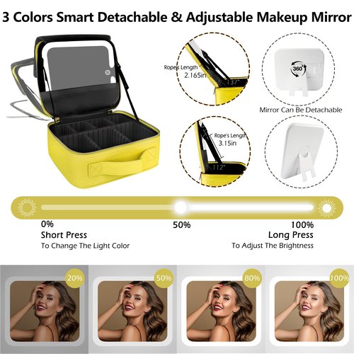 MOMIRA Travel Makeup Bag Cosmetic Bag Makeup Organizer Bag with Large Lighted Mirror 3 Color Scenarios Adjustable Brightness,Yellow