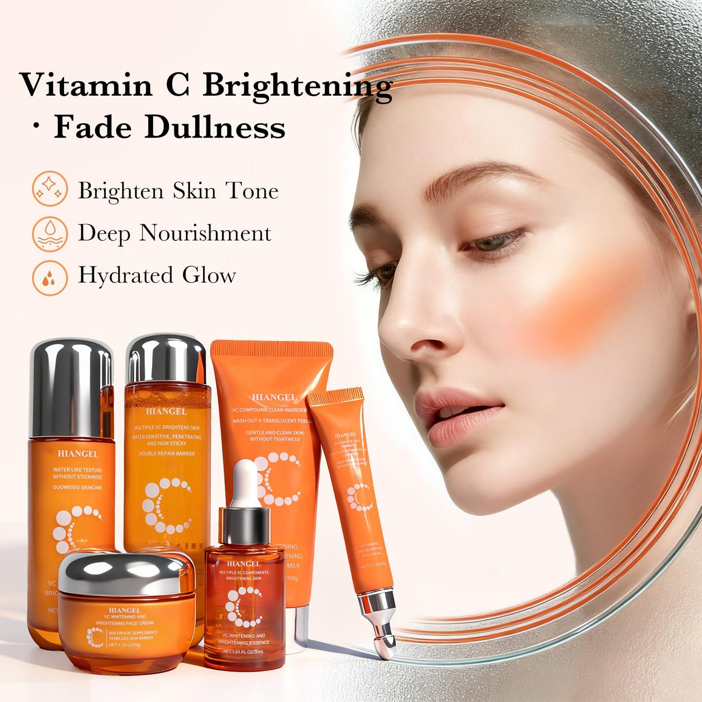 HIANGEL 6-Piece Vitamin C Skincare Set for Women, Brightening & Hydrating Face Care Routine Kit with Cleanser, Toner, Serum, Eye Cream, Lotion & Face Cream, Spa Beauty Gift Box