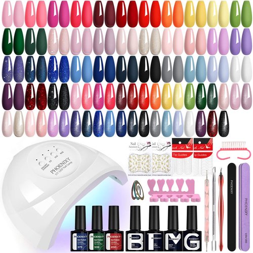 PHOENIXY Gel Nail Polish Kit with U V Light 48W, 56 Pcs 108 Effect Gel Nail Kit Base Glitter Top Coat Gel Nail Polish Set Manicure Tools Gifts for Women