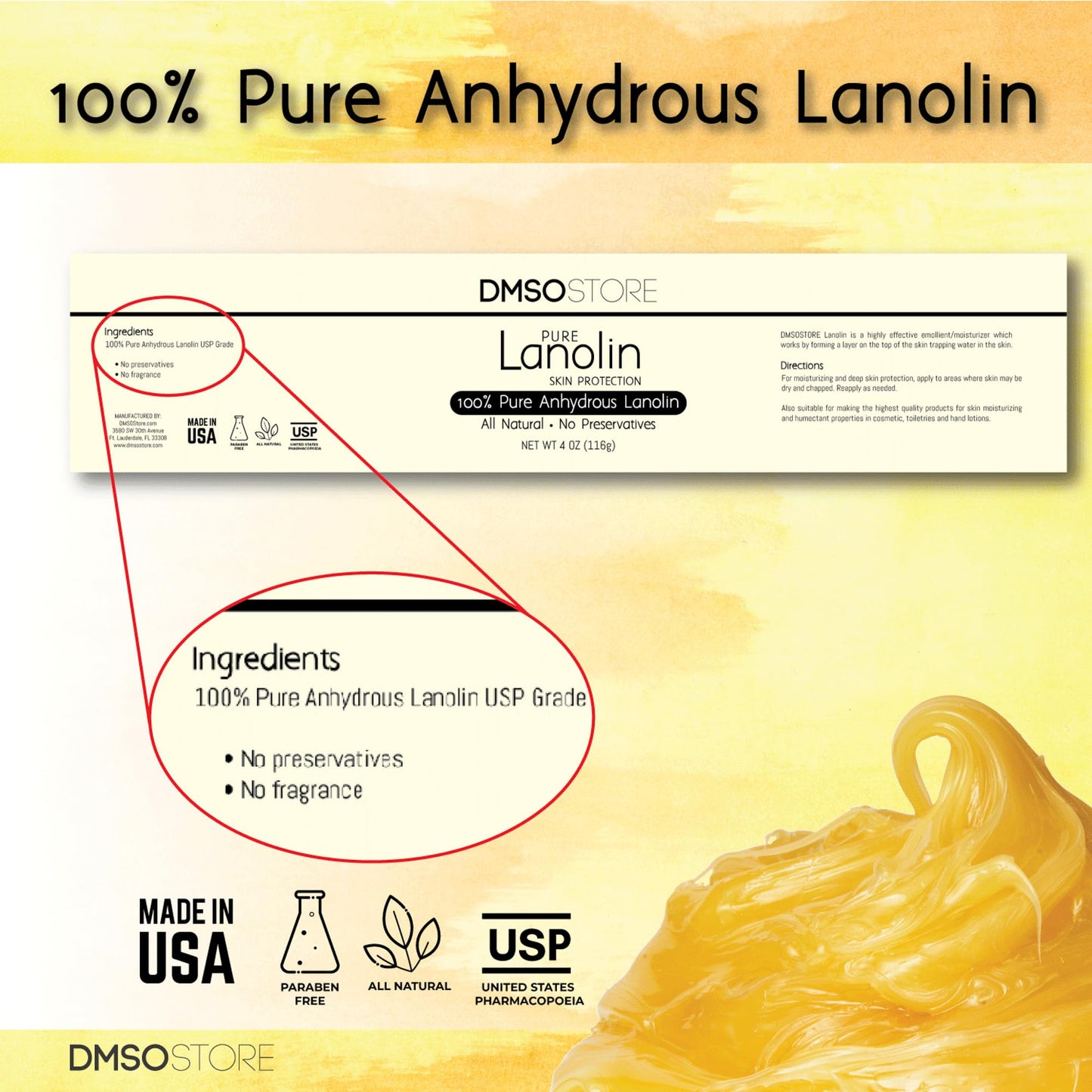 DMSOSTORE Lanolin 100% Pure Unrefined Sheep Wool, USP Grade, 1 lb