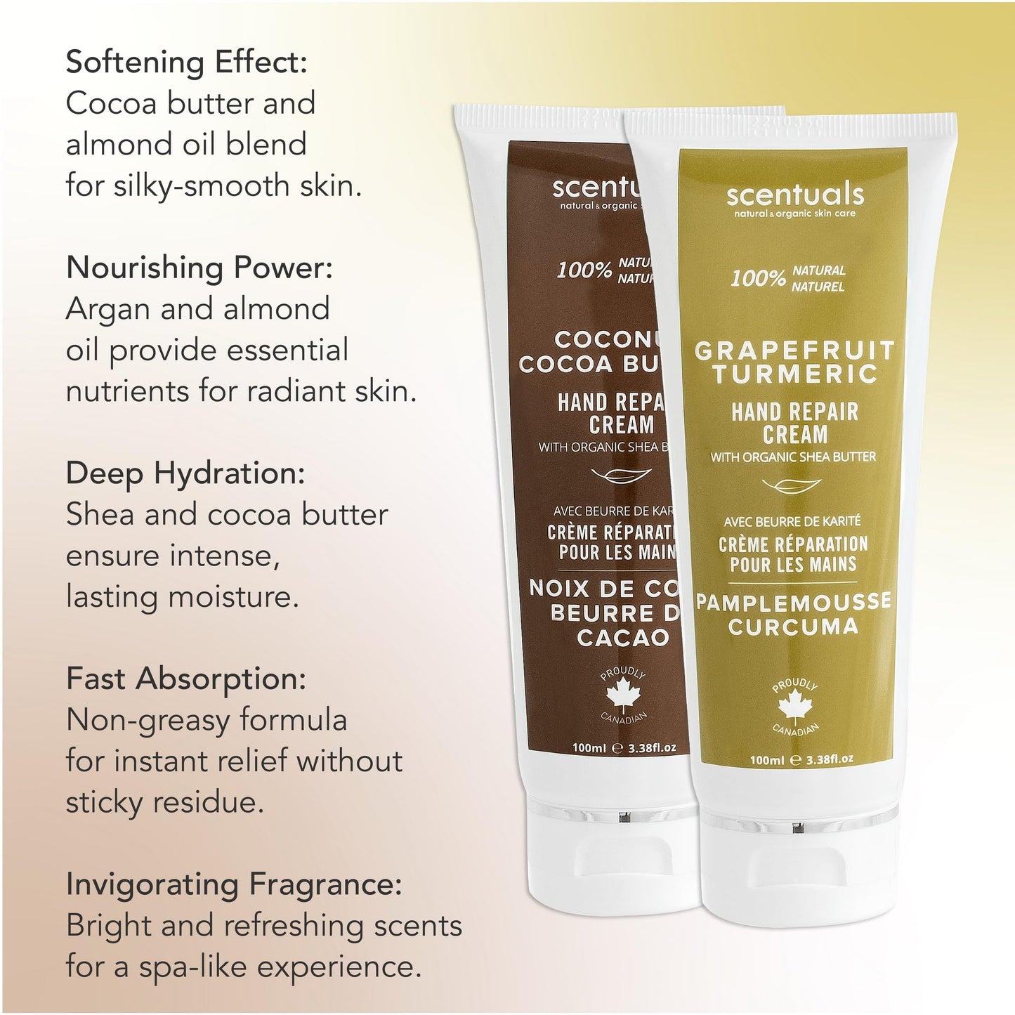 Scentuals Hand Cream Set of 2, with Shea Butter, Cocoa Butter, Argan & Almond oil, Moisturizing Dry Hands. Coconut Cocoa Butter + Grapefruit Turmeric | 100ml (3.4fl.oz) x 2.
