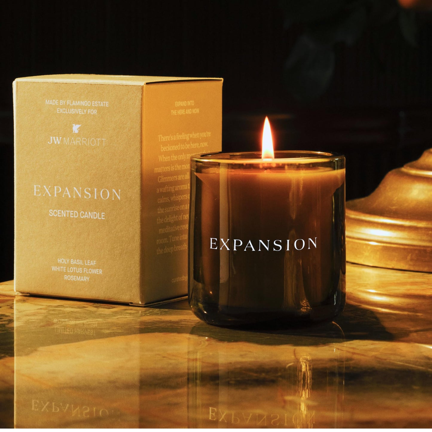 JW Marriott Expansion Candle by Flamingo Estate - Luxury Hotel Fragrance - Holy Basil Leaf, White Lotus Flower, and Rosemary - 55 Hour Burn - 8 oz.