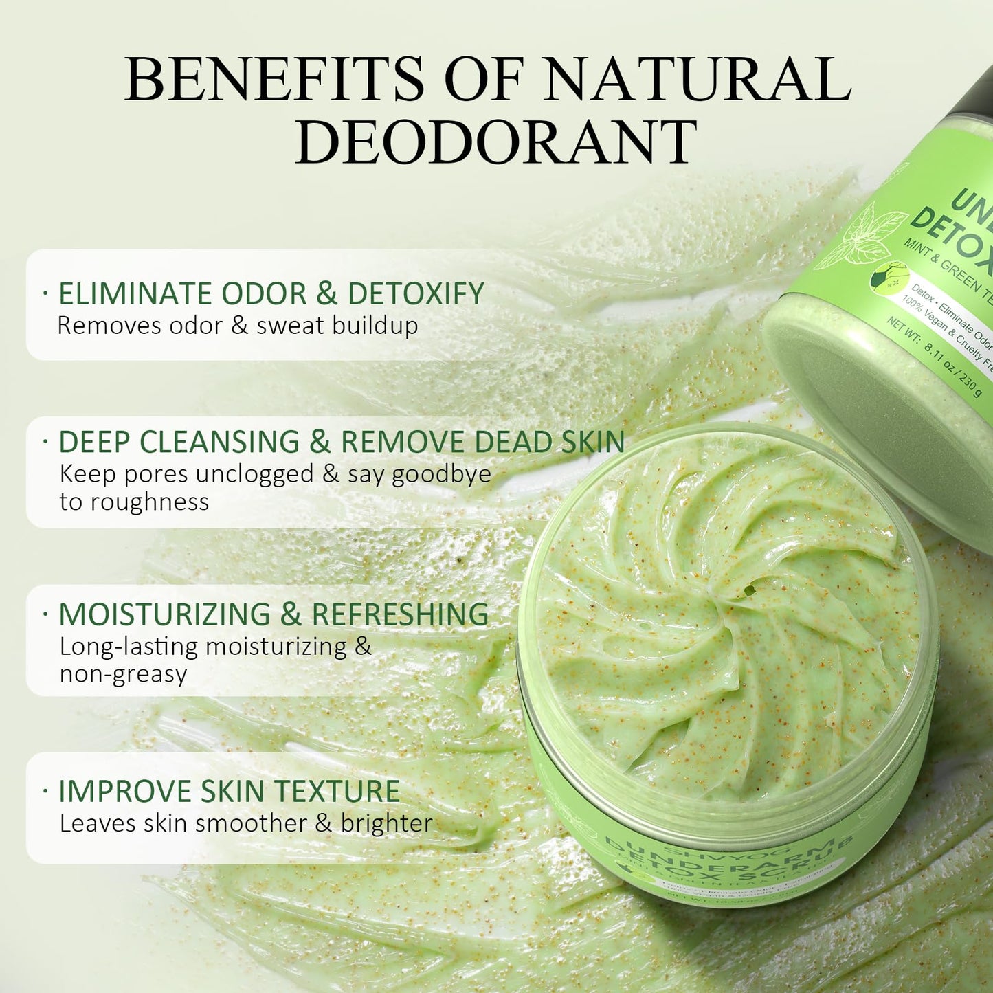 Underarm Detox Scrub, Armpit Detox Green Tea, Mint and Tea Tree Body Deodorant, Natural Dark Armpit Remover for Odors Eliminating and Exfoliating, also for Whole Body & Sensitive Skin, Unisex 8.11 Oz