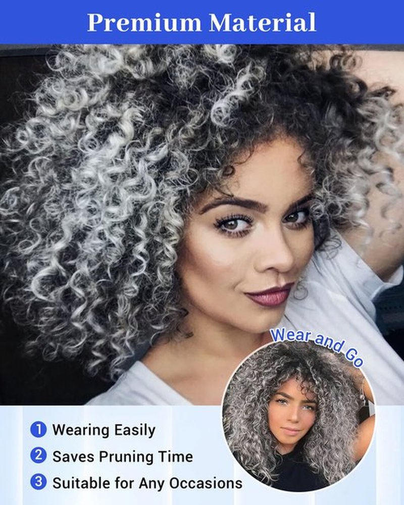 Afro Curly Wigs with Bangs for Black Women Kinky Curly Synthetic Hair Heat Resistant 12 Inch Short Ginger Wig for Daily Party (Grey)