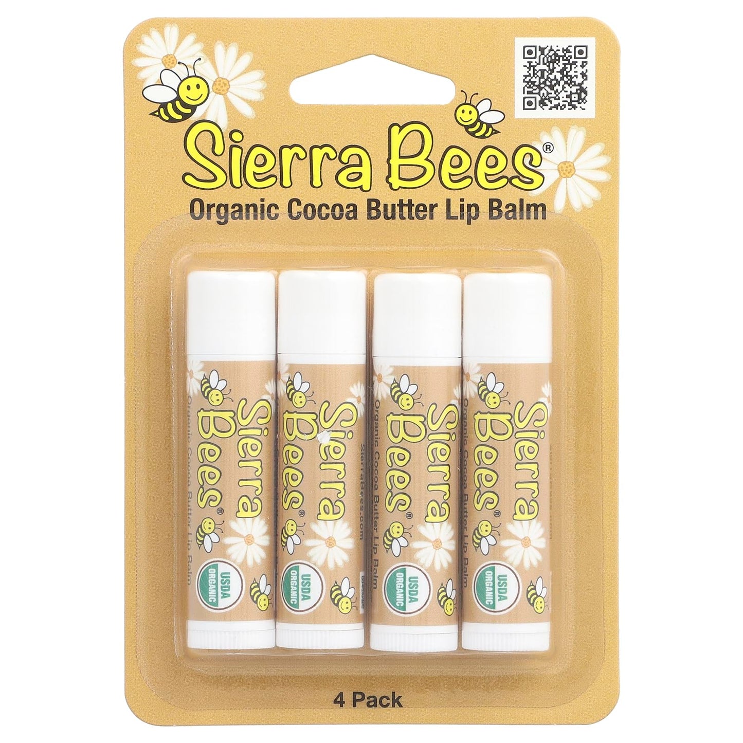 Sierra Bees Organic Lip Balms, Cocoa Butter, 4 Pack, 0.15 oz (4.25 g) Each