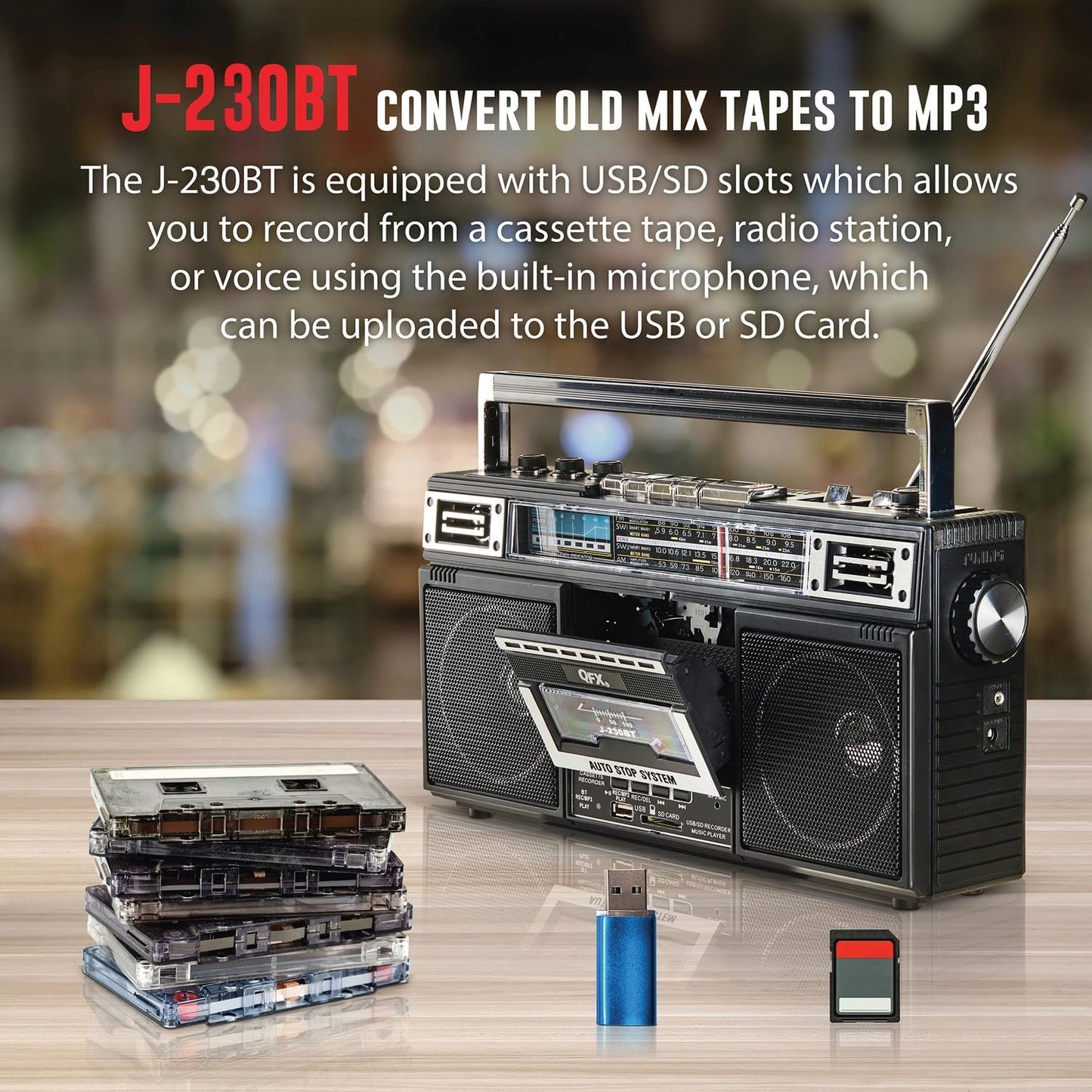 Bluetooth Cassette Boom Box | USB/SD Card AM/FM Radio with Recording & Built-in Mic