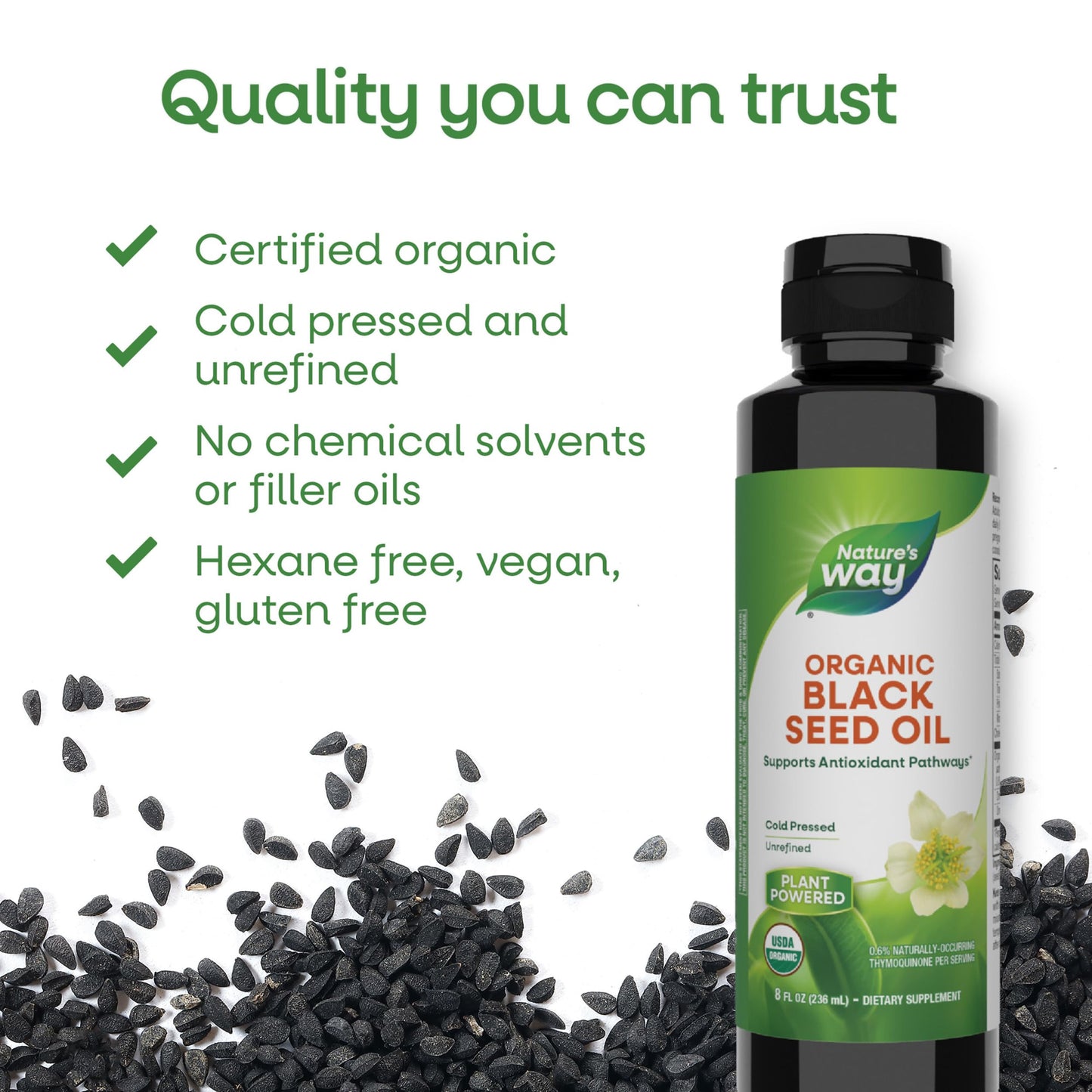 Nature's Way Organic Black Seed Oil, Supports Antioxidant Pathways*, Cold Pressed, Unrefined, Vegan, Plant Powered Dietary Supplement, USDA Certified Organic Black Cumin Seed Oil, 8 Fl Oz