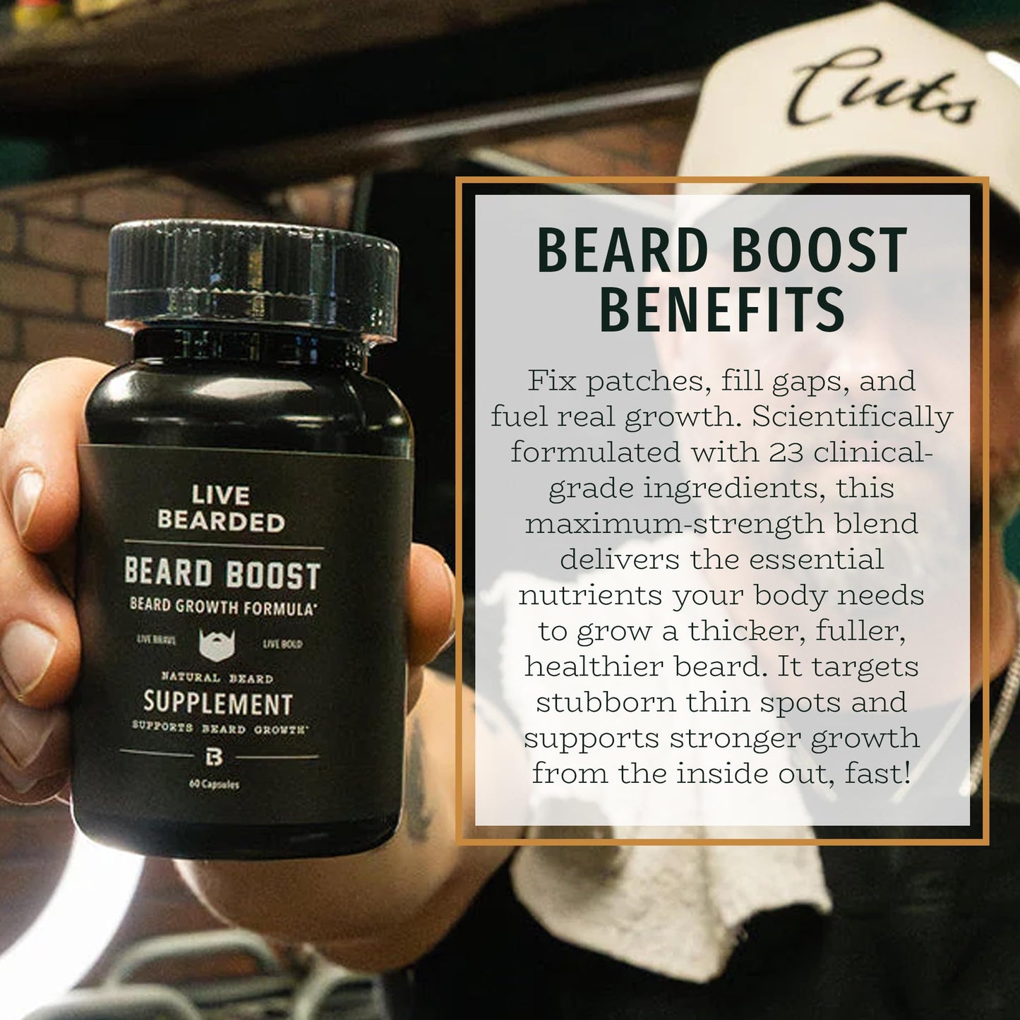 Live Bearded Beard Boost - Beard Growth Vitamins for Men with Biotin, Collagen, Silica, Fo-Ti Root - Facial Hair Growth for Men, Made in the USA | 30-Day Supply