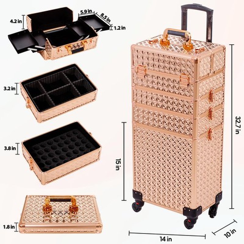 AROUS 5 in 1 Professional Makeup Train Case Aluminum Cosmetic Case Rolling Makeup Case Extra Large Trolley Makeup Travel Organizer, with 360° Swivel Wheels, Gold
