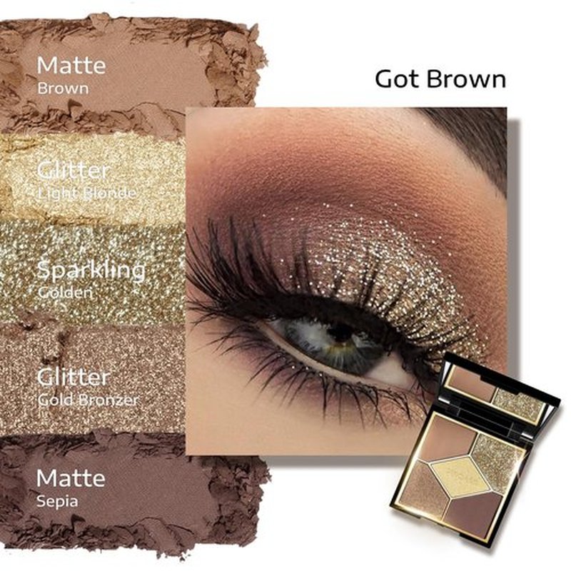 KYDA 5 Colors Eyeshadow Palette, Ultra-rich Matte Dark Brown Eyeshadow, Glitter Golden Bronzer Eyeshadow, Blendable Lightweight Powder, High Pigment Neutral Brown Eyes Makeup, Got Brown