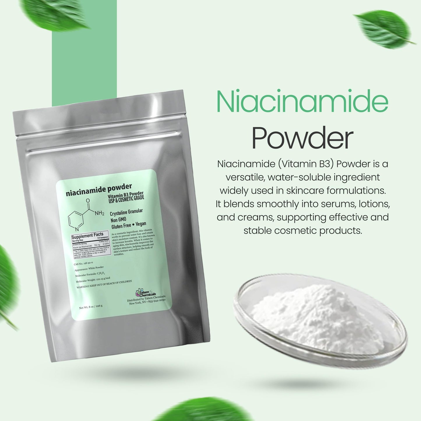 Talsen Chemicals Pure Niacinamide Powder for Skin Care (Vitamin B3) DIY Niacinamide Serum, Niacin Powder (2 Ounce / 56 Gram) Cosmetic Grade