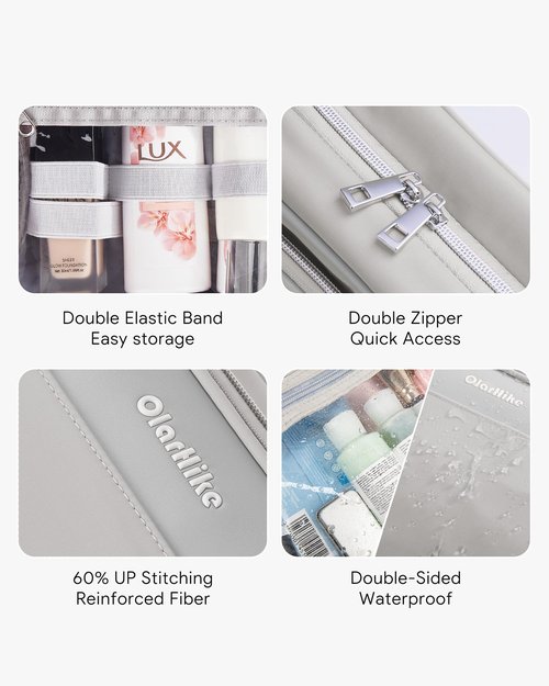 OlarHike Travel Toiletry Hanging Bag Waterproof Bags, Makeup, Toiletries, Jewelry, Travel Essentials 3 in 1 Packing Organizers, Cosmetic Travel-Sized Container, Medium Capacity for Women Grey