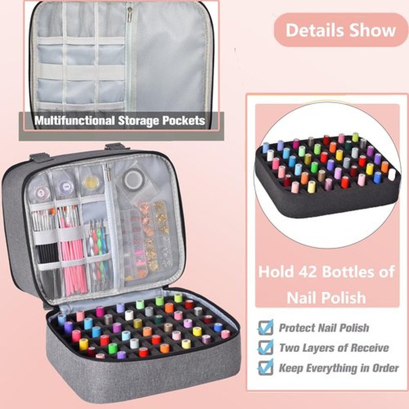 FCQQYWZ Nail Polish Organizer Case - Holds 42+ Bottles (15ml/0.5 fl.oz) and 1 Nail Lamp, Upgraded Double-layer Nail Polish Carrying Case Nail Polish Storage Bag with Handles (Grey)
