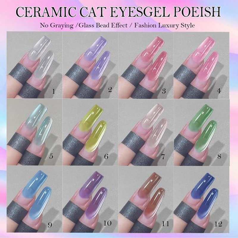 YEPYEPGO Cat Eye Gel Nail Polish Set 12 Colors, Moonlight Jelly Cats Gel Polish Kit with Magnet Stick, Ceramic Magnetic Cat Eyes Gel Crystal Sock Off Nail Art Manicure Gift Kit