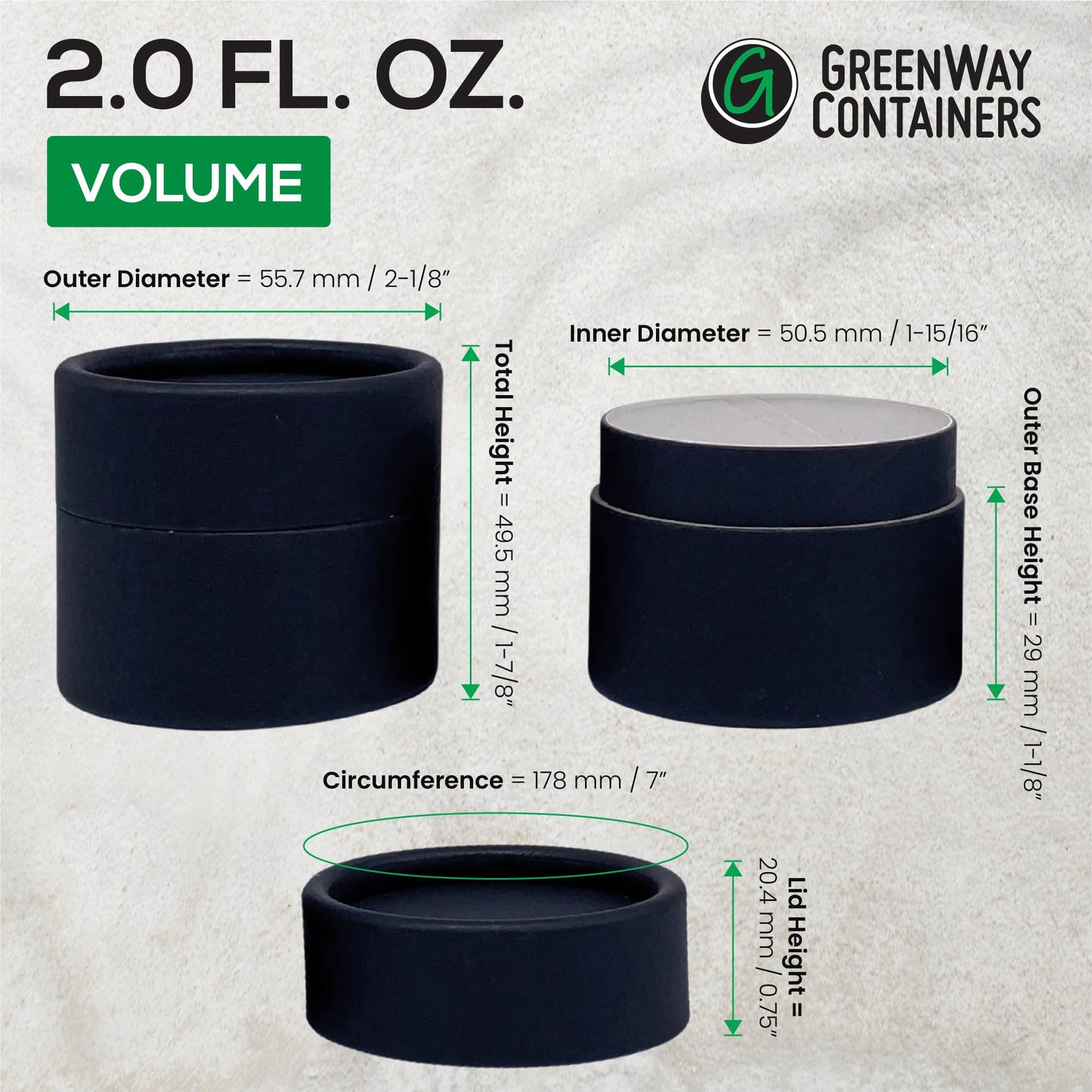 GreenWay 2oz / 60g Kraft Paperboard Empty Jars with Lids - 6 Pack Biodegradable Jars Refillable DIY Cosmetic Containers – Wax Lined Packaging Containers with Snug-Fitting Caps - Black
