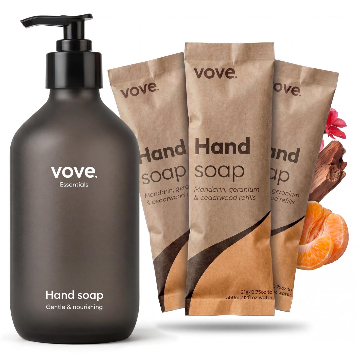Vove Hand Soap Starter Set with Refillable Dark Glass Pump Bottle & 3 Refills, Mandarin Geranium & Cedarwood, Powder-to-Gel with Aloe Vera & Cactus Extract, Plant-Based Formula, Plastic-Free