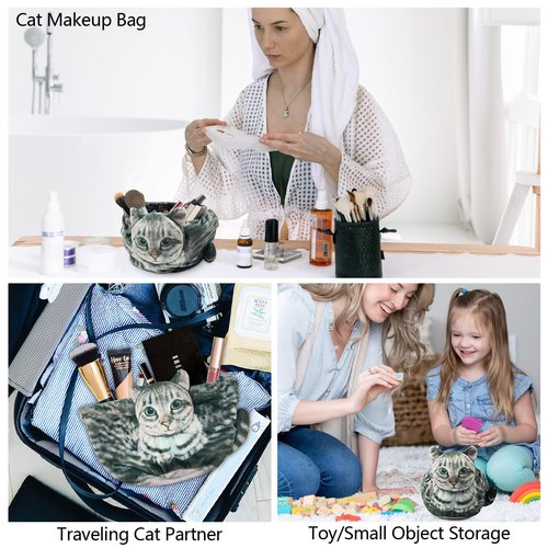 Cat Shaped Drawstring Makeup Bag for Women - Grey Tabby Cat Design Cosmetic Case