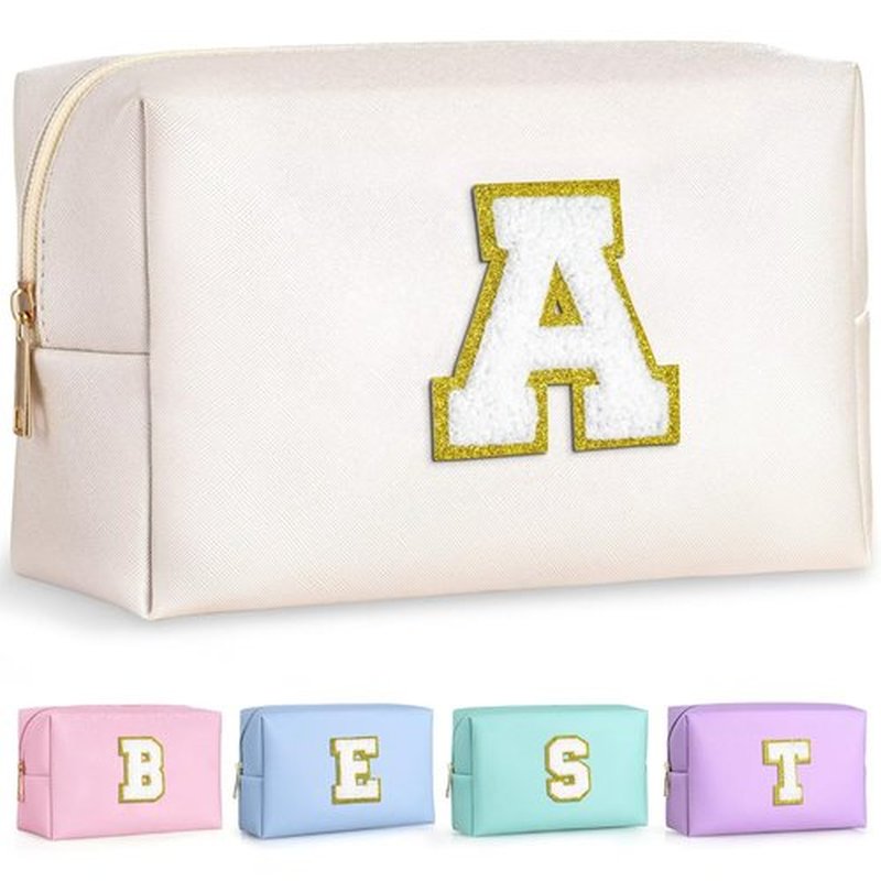 TOPEAST Initial Makeup Bag, Personalized Initial Bags with Zipper, Cute Makeup Pouch, PU Leather Waterproof Cosmetic Bag, Birthday Gift For Women, Preppy Things For Girls (White A)
