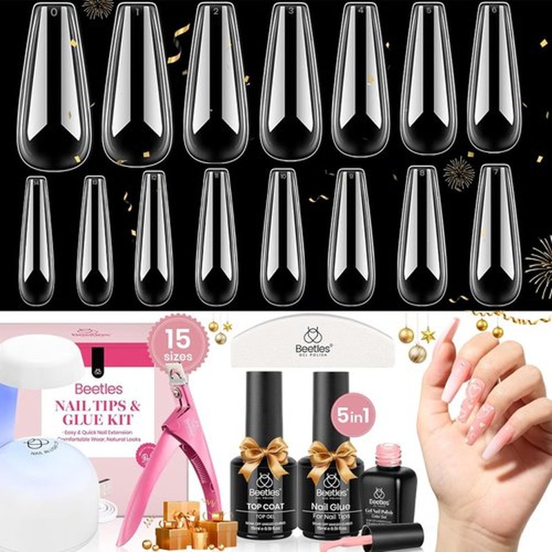 Beetles Gel Nail Kit 600Pcs Long Coffin Nail Tips with Pink Gel Polish Top Coat,15 Sizes Beetles Gel X Soft Clear Press on Nails 5 In 1 Nail Glue Uv Nail Lamp Easy Nail Extension Set for Women