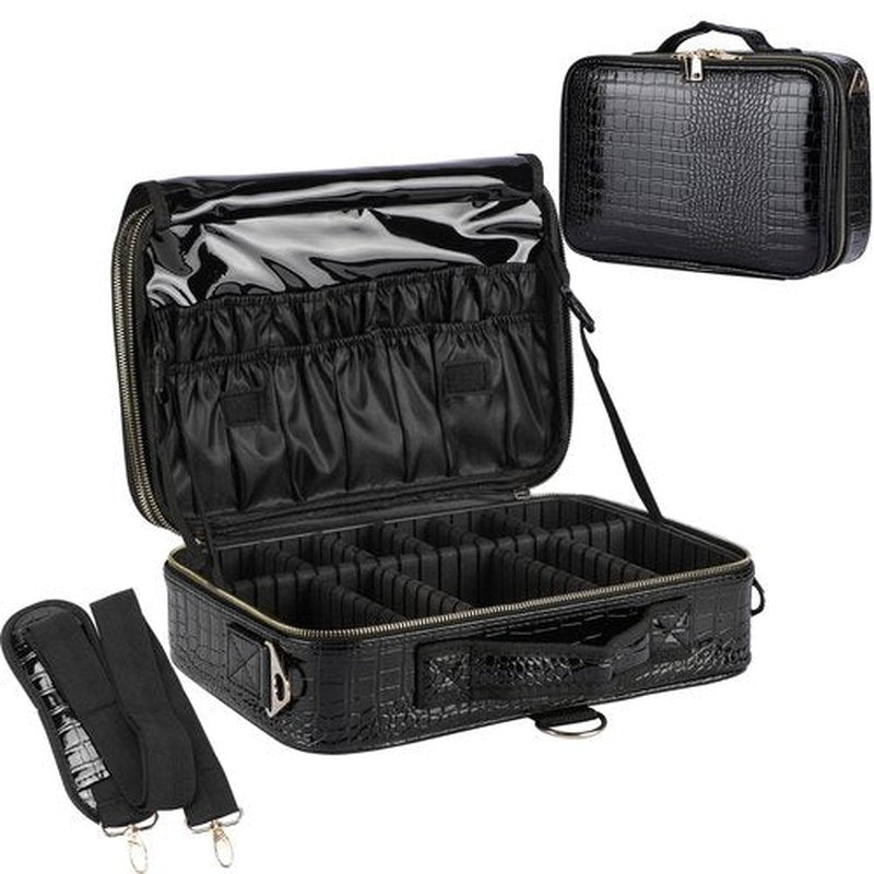 JOURMON Makeup Case 3 Layers Travel Makeup Train Case Crocodile Makeup Bag Organizer Portable Artist Storage Bag with Adjustable Dividers and Shoulder Strap