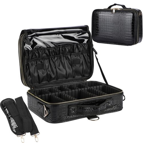 JOURMON Makeup Case 3 Layers Travel Makeup Train Case Crocodile Makeup Bag Organizer Portable Artist Storage Bag with Adjustable Dividers and Shoulder Strap