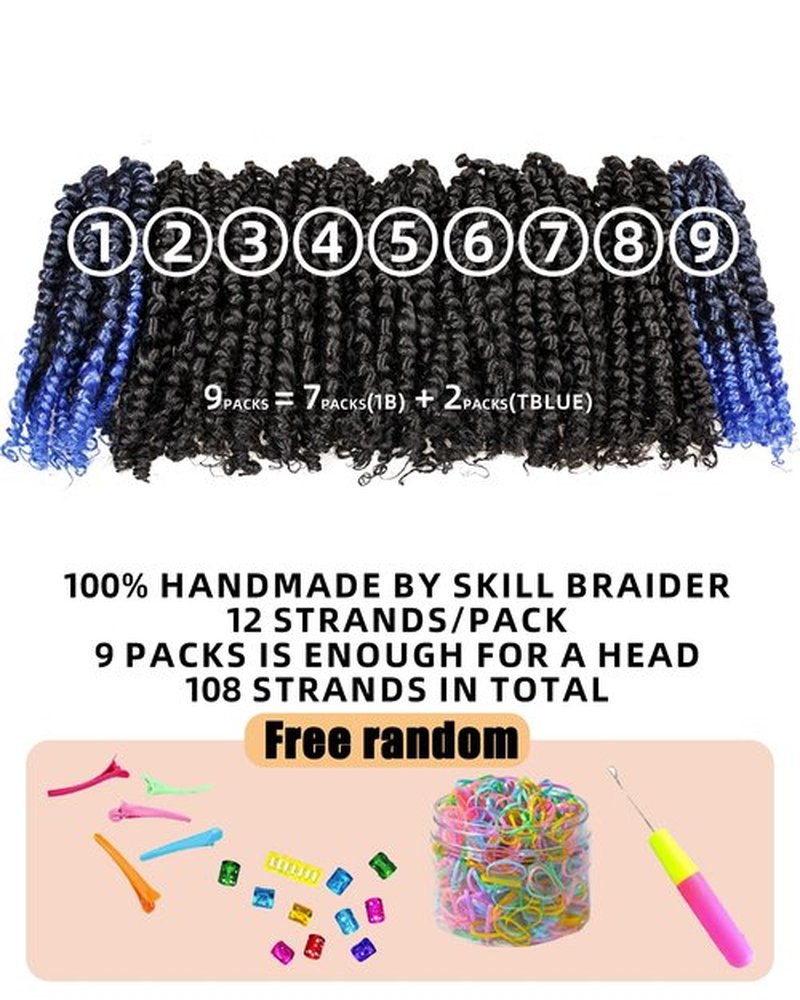 hahoness 6 Inches 9 Packs Passion Twist Crochet Hair-Mixed Color Combo Pack(7 packs 1B+2 packs T1B/Blue),Pre-twisted Pre Looped Synthetic Hair Extensions For Black Women and Kids(6/-9 Packs,1B+TBlue)