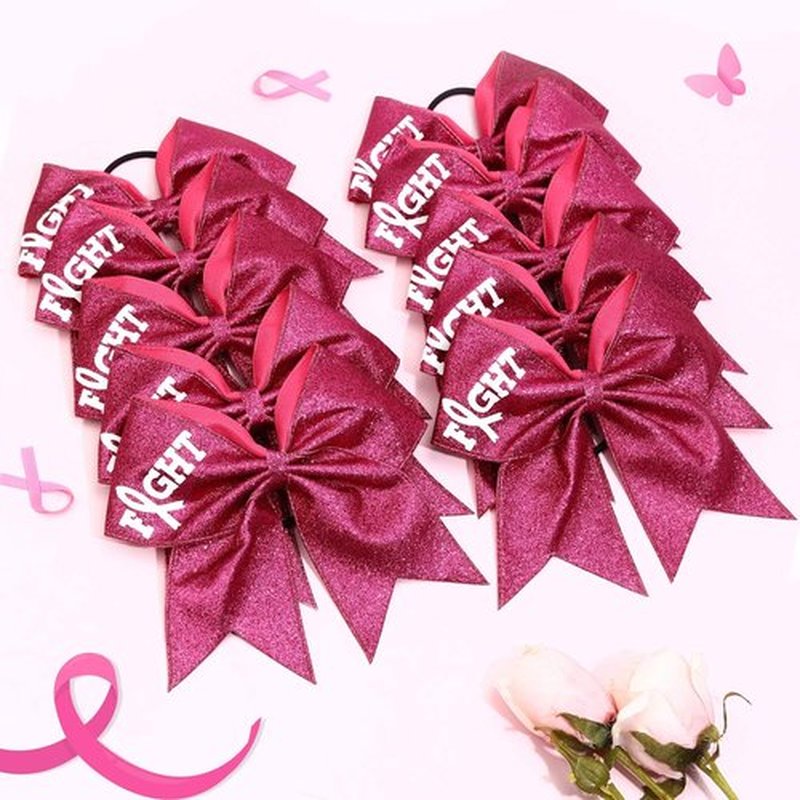 Subesty 7" Large Breast Cancer Awareness Girls Cheerleader Hair Bow Elastic Ponytail Holder For Girls Women Set Of 10
