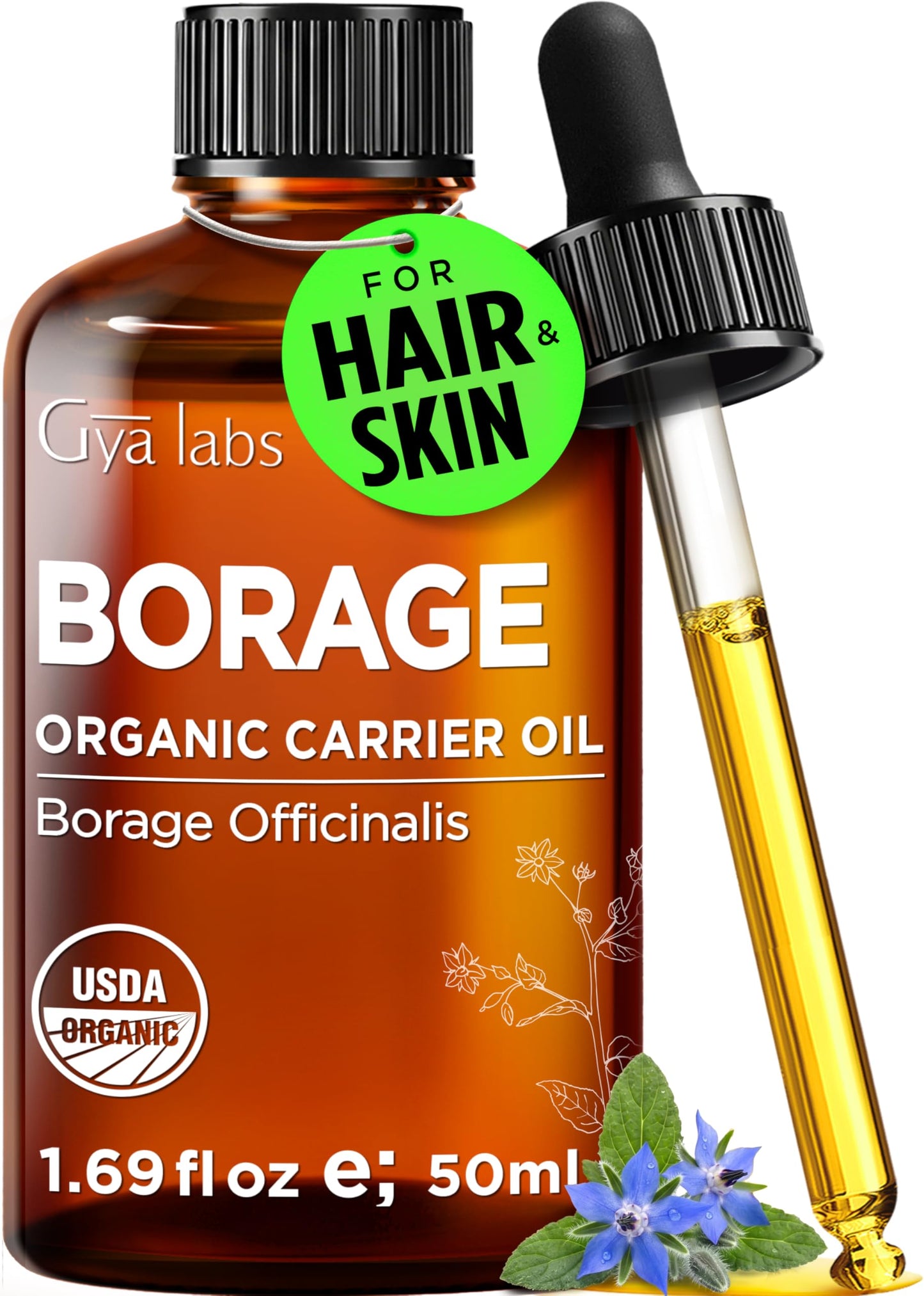 Gya Labs USDA Organic Borage Oil - 1.69 Fl Oz - Carrier Oil for Hair, Skin, Face, Scalp & Body Massage
