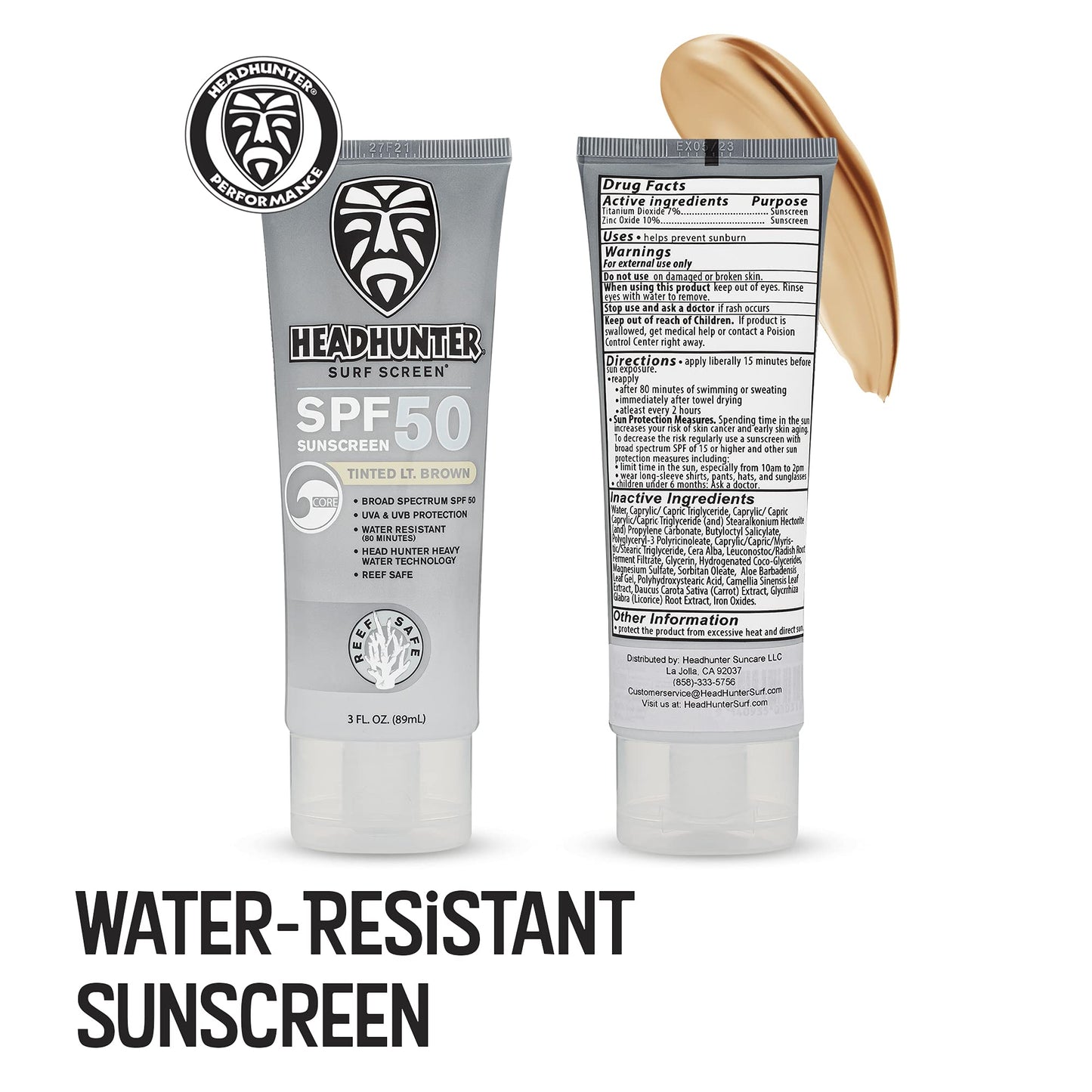 Headhunter Heavy Duty Reef Safe Sunscreen SPF 50 for Surfing - Natural Mineral Sunscreen Face Cream - Broad Spectrum UVA/UVB Safe, Skin Defense Against Damage - Tinted Light Brown Formula (1 Pack)