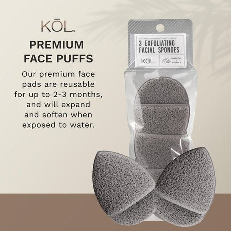 KOL Face Scrubber, Premium Charcoal and Vitamin E Infused Facial Cleansing and Exfoliating Pads for Daily Face Cleaning and Makeup Removal, 3 Count