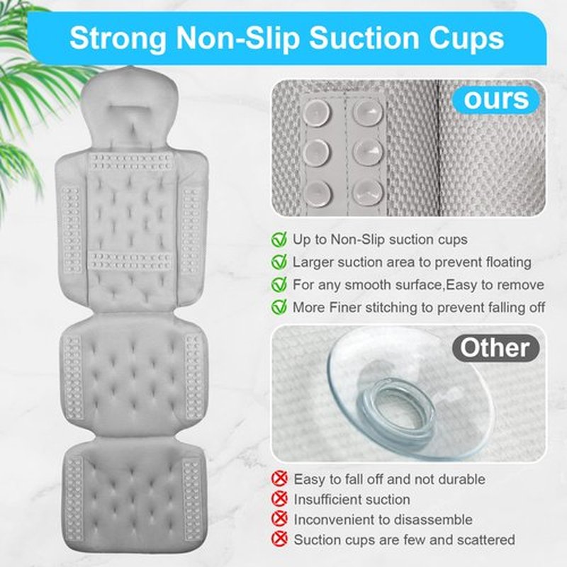 Full Body Bath Pillow for Bathtub, Bath Pillows for Tub with Powerful Non-Slip Suction Cups and Mesh Laundry Bag, Luxury Tub Pillow for Bath for Headrest Neck and Back Support Grey
