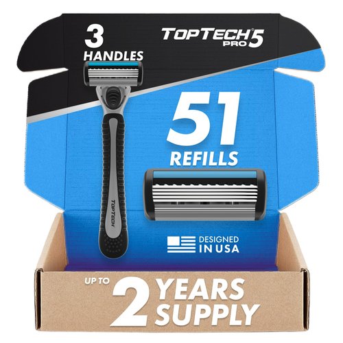 TopTech PRO 5 Razors for Men Trio Set - Manual Shaving Razors & Refills - 54 Count Pack (3 Handles + 51 Replaceable Cartridges) - 5-Blades Technology - Soft Shave & Sharp - Best Refill Price