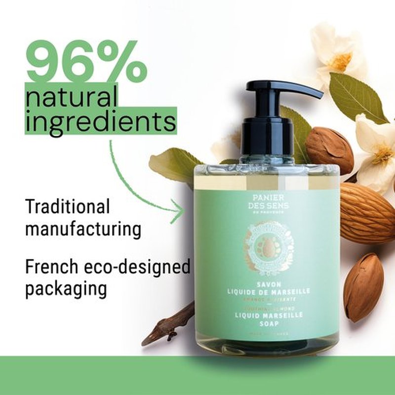 Panier des Sens - Liquid Hand Soap - Almond Hand Wash - French Marseille Moisturizing Hand Soap with Coconut Oil - Refillable Kitchen & Bathroom Hand Soap - 96% Natural Ingredients -16.9 Fl.oz