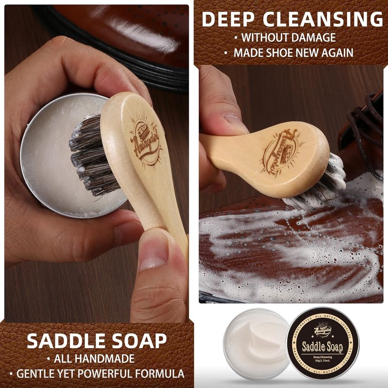 Leather Care Kit - 10 PCS Horsehair Brushes, Saddle Soap & Mink Oil | Boot & Shoe Shine Essentials for Men