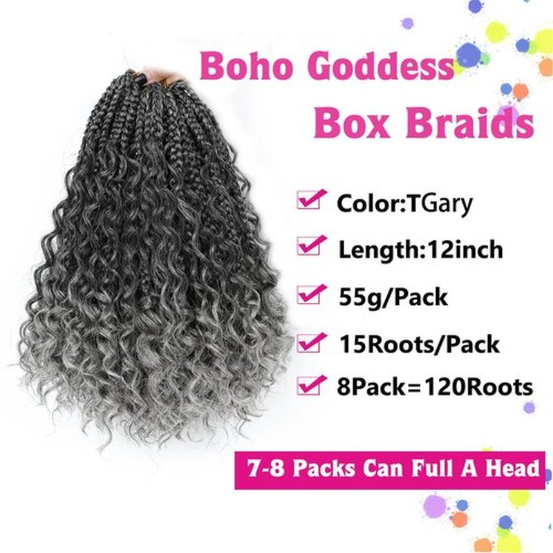 Goddess Box Braids Crochet Hair Box Braids Crochet Hair For Black Women Pre Looped Crochet Hair with Curly Ends Bohemian Crochet Box Braids Crochet Hair(12inch(Pack of 8), Tgrey)