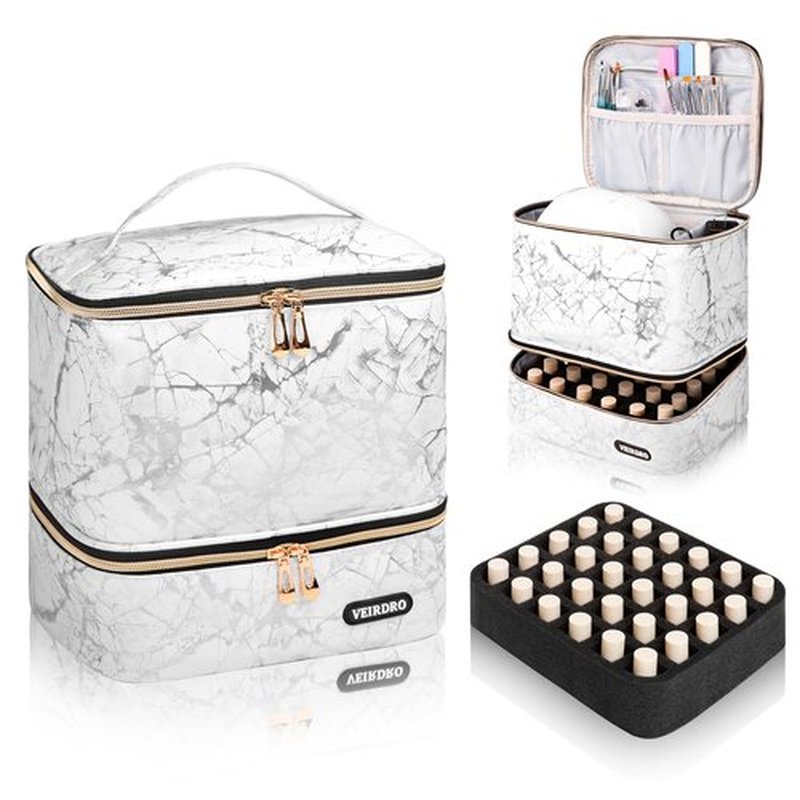 Veirdro Nail Polish Bag Organizer Case, Large Nail Polish Organizer Holds a Nail Light and 30 Nail Polish Bottles [15ml/0.5 fl.oz]，Nail Polish Carrying Bag with Manicure Tools Storage White