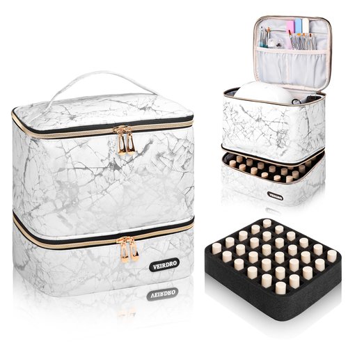 Veirdro Nail Polish Bag Organizer Case, Large Nail Polish Organizer Holds a Nail Light and 30 Nail Polish Bottles [15ml/0.5 fl.oz]，Nail Polish Carrying Bag with Manicure Tools Storage White