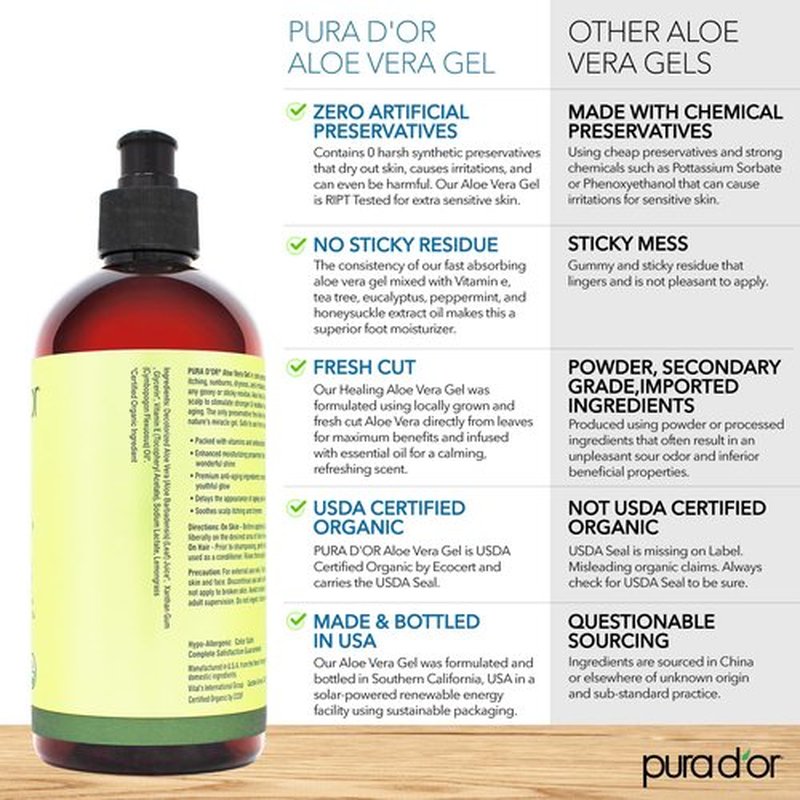 PURA D'OR 16 Oz ORGANIC Aloe Vera Gel - Lemongrass - All Natural - ZERO Artificial Preservatives - Deeply Hydrating & Moisturizing - Sunburn, Bug Bites, Rashes, Small Cuts, Eczema Relief - Skin & Hair