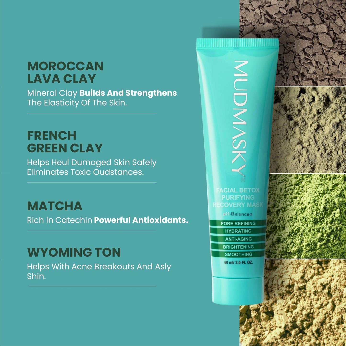 MUDMASKY Facial Detox Purifying Recovery Mud Mask. The original Japanese Matcha Clay Mask since 2015. Reduces Acne, Blackheads, and Pores. Clean, Vegan, Gluten Free. As seen in IPSY - 2.0 fl oz.