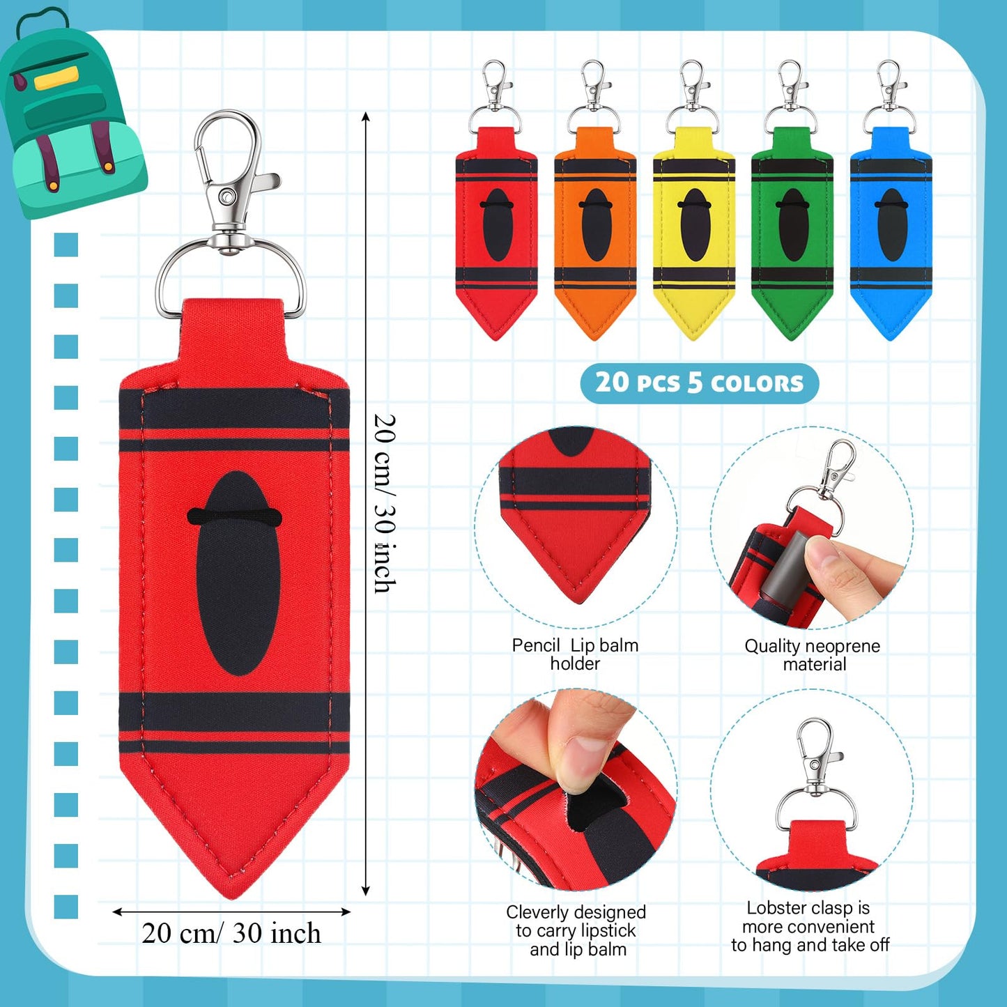 Abbylike 20 Pcs Lipstick Holder Keychain Lip Balm Holder Lipstick Keychain Bulk Pouch Portable Lip Balm Bag with Hook Back to School for Women Teacher Gift (Crayon)