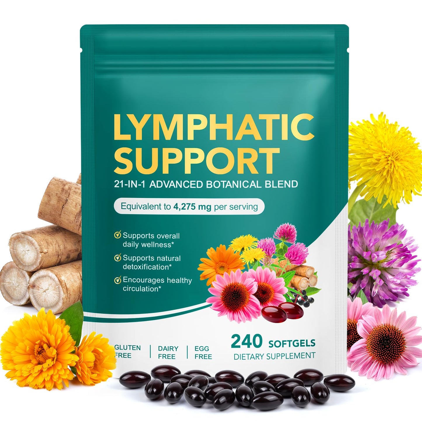 Lymphatic Drainage Supplements 240 Softgels, Lymph System Support Supplement for Women, Lymphatic Drainage Supplement with 21-in-1 Herbal Blend to Reduce Swelling, Supports Fluid Balance Immune System
