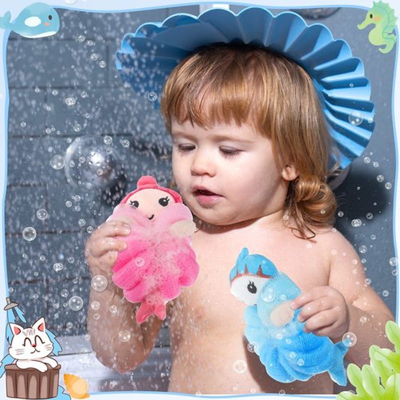 2 Pcs Bath Loofahs Kids Toddler Body Loofahs Cute Cartoon Kids Loofah Kid Bath Sponges Loofah Bath Pouf Body Scrubber Mesh Loofah Sponges for Children Shower Washing Exfoliating (Mermaid)