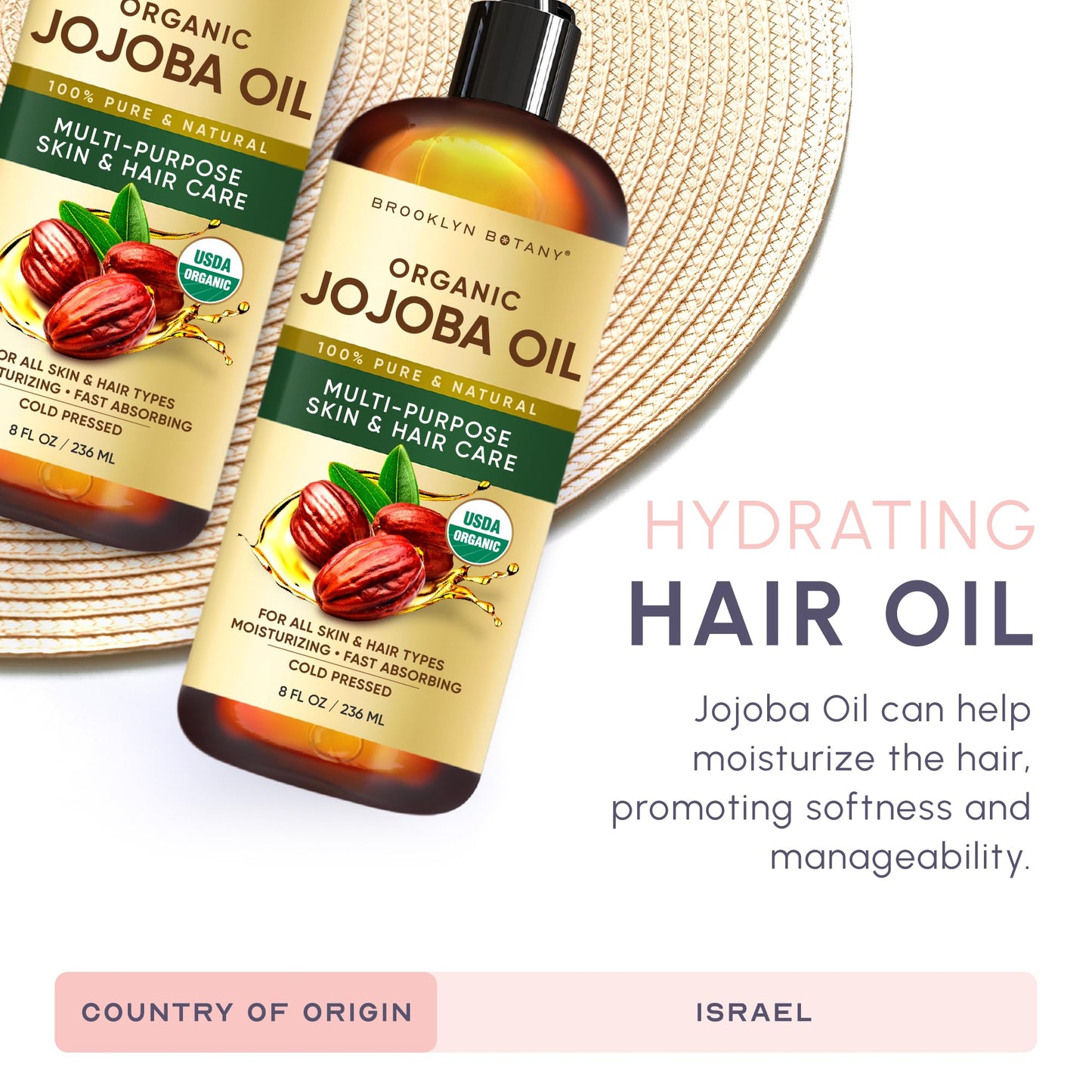 Brooklyn Botany Cold-Pressed Organic Jojoba Oil | 28 Fl Oz | Hair | Face | Body | 100% Pure and Natural | Carrier Oil | Aromatherapy | Massage | Ayurvedic Hair Care | Hexane-Free