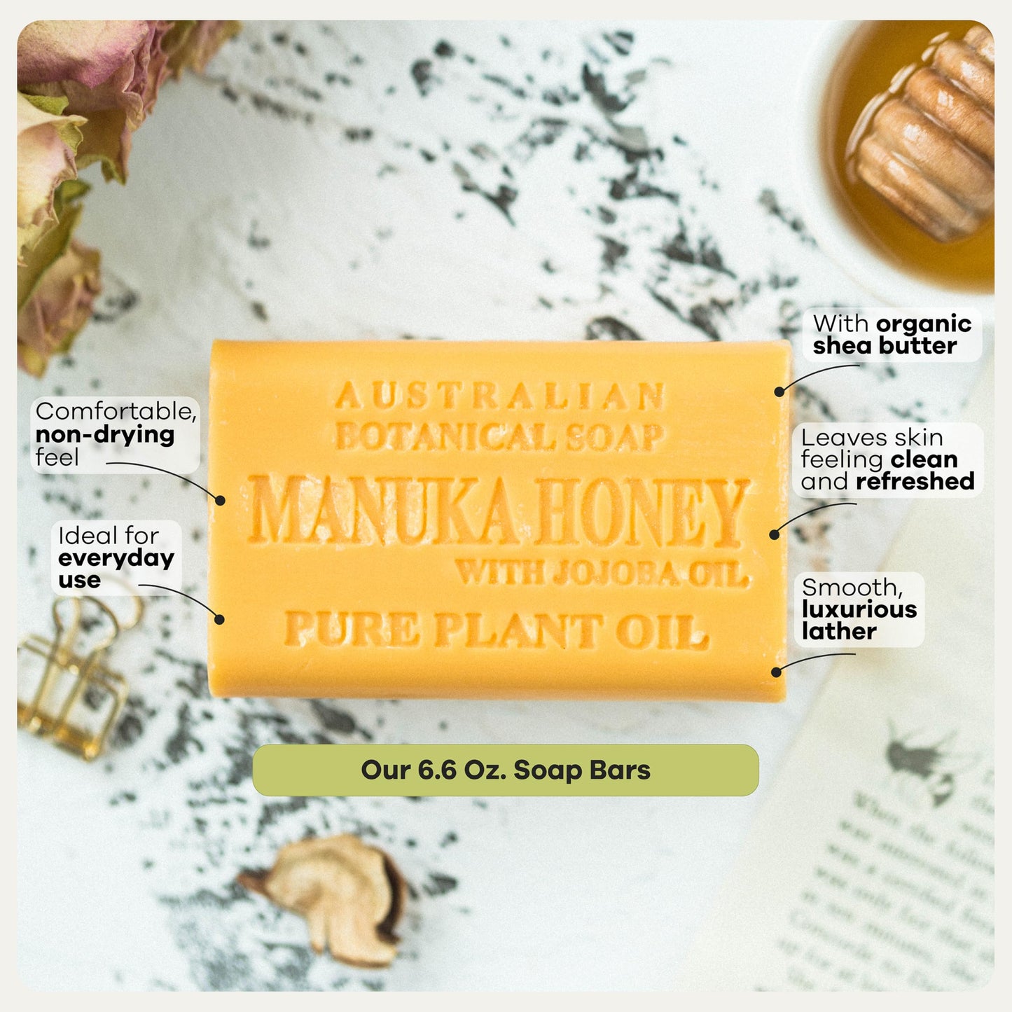 Australian Botanical Soap Manuka Honey with Jojoba Oil 6.6 oz Luxury Soap Bars Enriched with Shea Butter, Pack of 1
