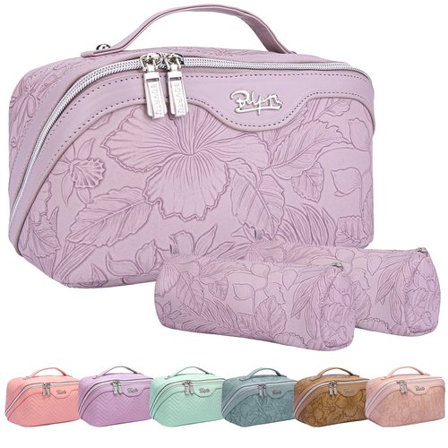 Travel Makeup Bags Cosmetic Organizer Bag: 3-Set Large Capacity Make up Bag - PU Leather Toiletry Bag for Women - Wide Open Portable Pouch with Divider & Handle (01-Z-Light Purple)