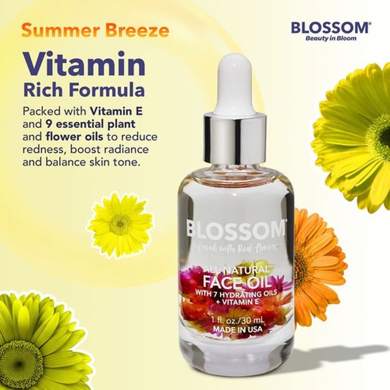 Blossom Unscented All Natural, Vegan, Cruelty Free Face Oil with Vitamin E, Infused with Real Flowers, Made in USA, 0.5 fl. oz., Summer Breeze