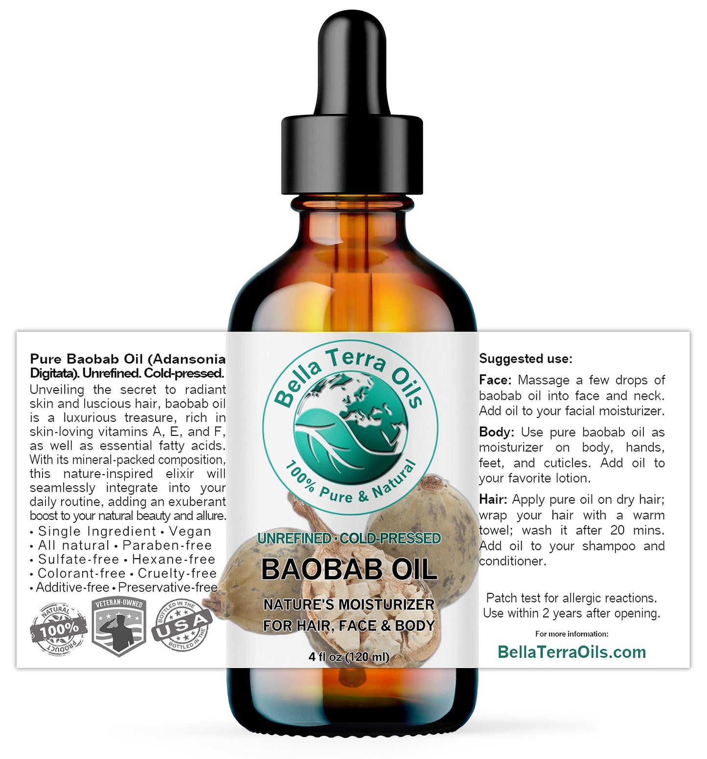 Bella Terra Oils - Baobab Oil 4 oz - Dive into the Essence of African Treasure, Abundant in Antioxidants, Best for Achieving a Silky Skin Glow